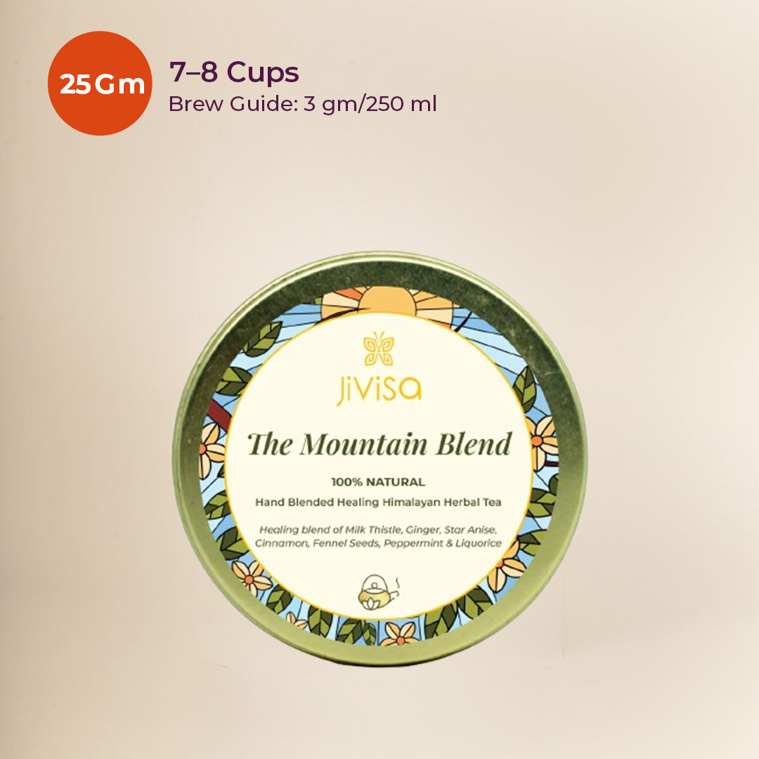 JiViSa Mountain Blend Himalayan herbal tea 25 gm tin, brew guide 3 gm per 250 ml and 7–8 cups yield.