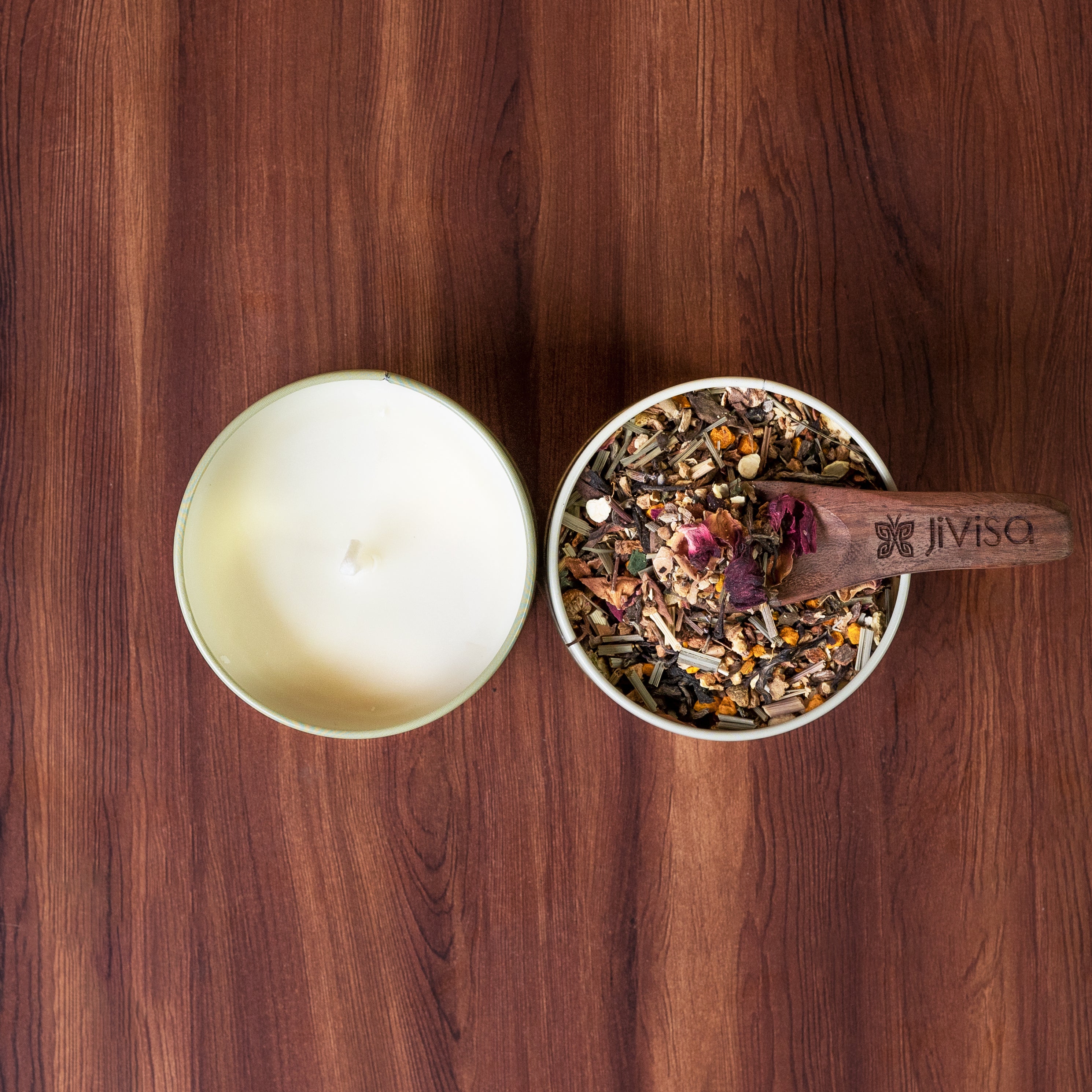 JiViSa Tranquil Himalayan Collection Gift Box. JiViSa Soy wax candle and a JiViSa Herbal Tea Blend accompanied by a JiViSa&