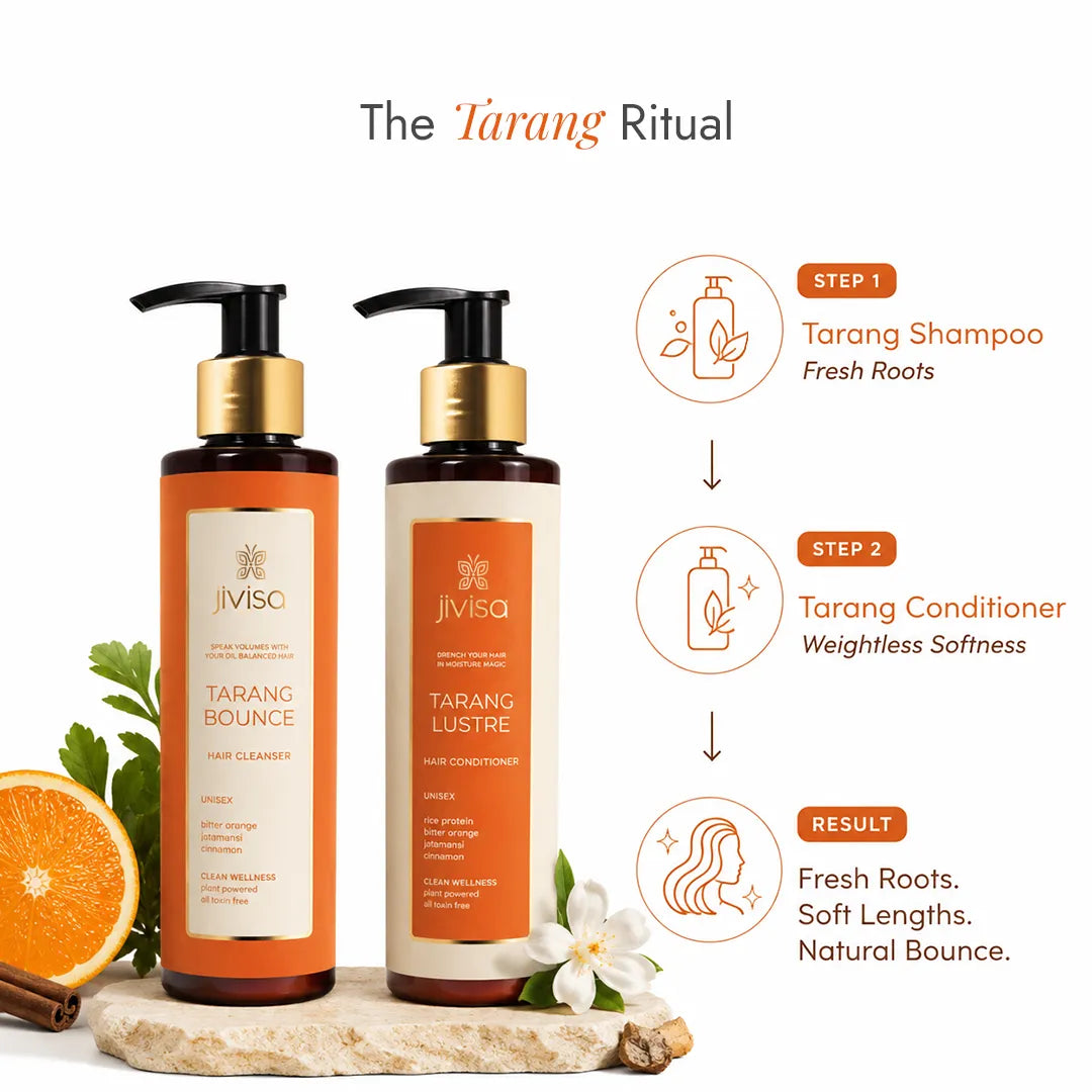 The JiViSa Tarang ritual: Tarang Bounce shampoo for fresh roots, followed by Tarang Lustre conditioner for weightless soft lengths and natural bounce