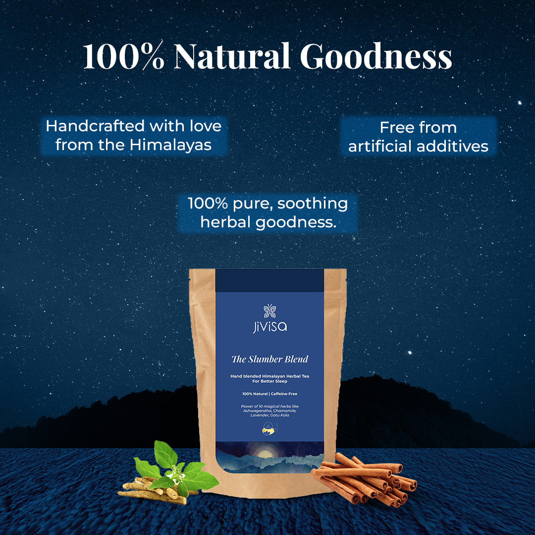The image features JiViSa- The Slumber Blend Herbal Tea Pouch surrounded by its ingredients like Ashwagandha, Gotu Kola, Cinnamon placed on a blue surface with a mountain and dreamy blue star-filled sky in the background. The tagline reads: 100% Natural Goodness, below it text highlights its features in light blue rectangle as- Handcrafted with love from the Himalayas, Free from artificial additives and 100% pure, soothing herbal goodness.
