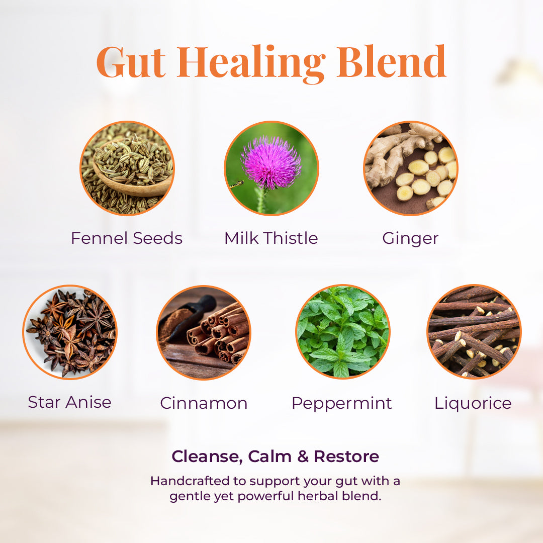 An ingredient showcases for JiViSa-The Mountain Blend with the tagline: Subheading: Gut healing Blend. A grid of ingredients with names includes: Fennel seeds, Milk Thistle, Ginger, Star anise, Cinnamon, Peppermints and Liquorice. Bottom Text reads Cleanse, Calm & Restore, handcrafted to support your gut with a gente yet powerful herbal blend.