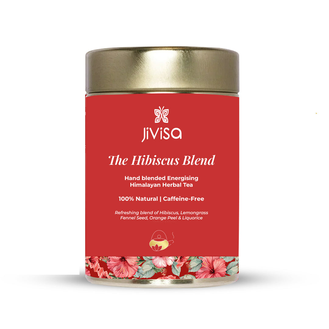 Tin container of JiViSa- The Hibiscus Blend Hand blended Energising Himalayan Herbal Tea