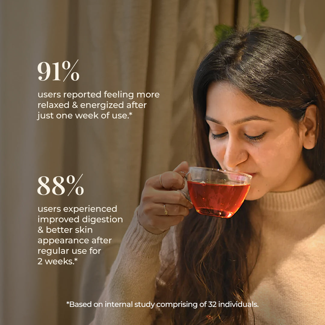 This image showcases a serene young woman gently sipping a cup of JiViSa-The Hibiscus Blend Herbal tea, reflecting a sense of calm and well-being. On the left side, highlights the impressive results of an internal study: 91% of users reported feeling more relaxed & energized after just one week of use and 88% users experienced improved digestion & better skin appearance after regular use for 2 weeks. It is based on internal study comprising o 32 individuals.