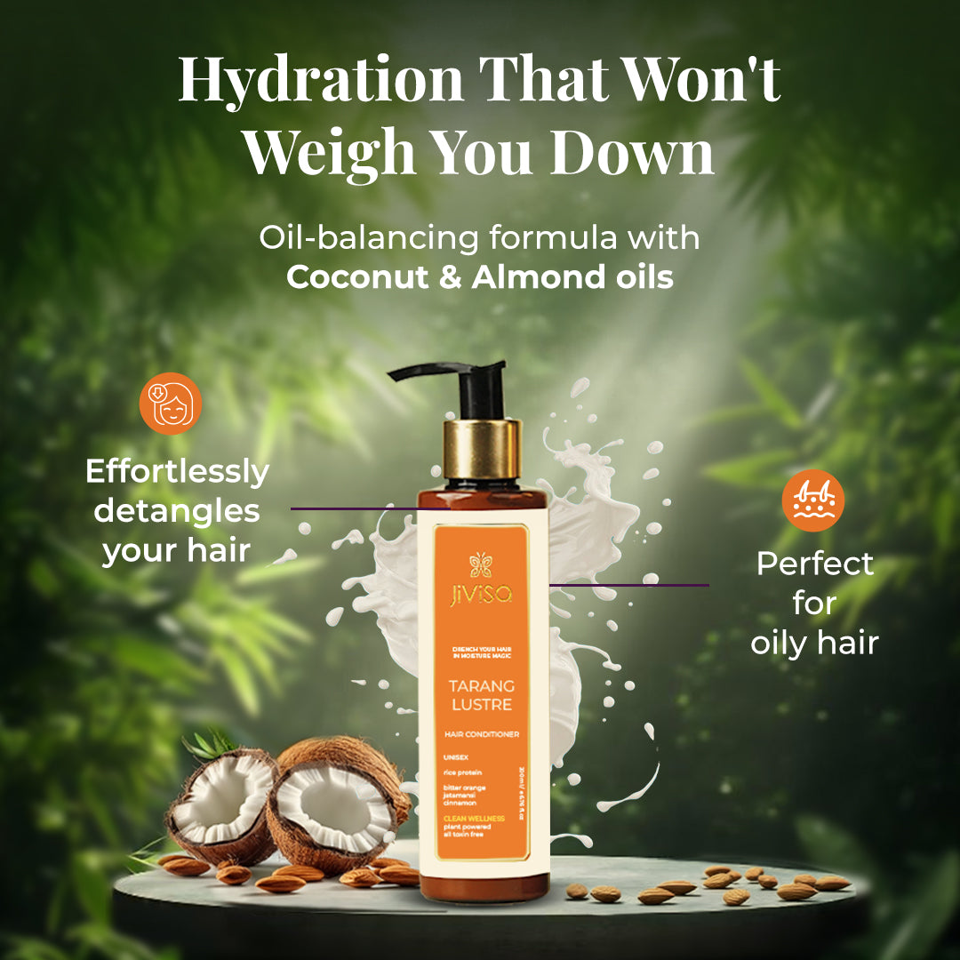 Image focuses on the Oil-balancing formula with Coconut & Almond oils. JiViSa Tarang Lustre Hair Conditioner bottle placed on circular rock surface surrounded by coconuts and almonds represents the key ingredients mentioned. The tagline "Hydration That Won&
