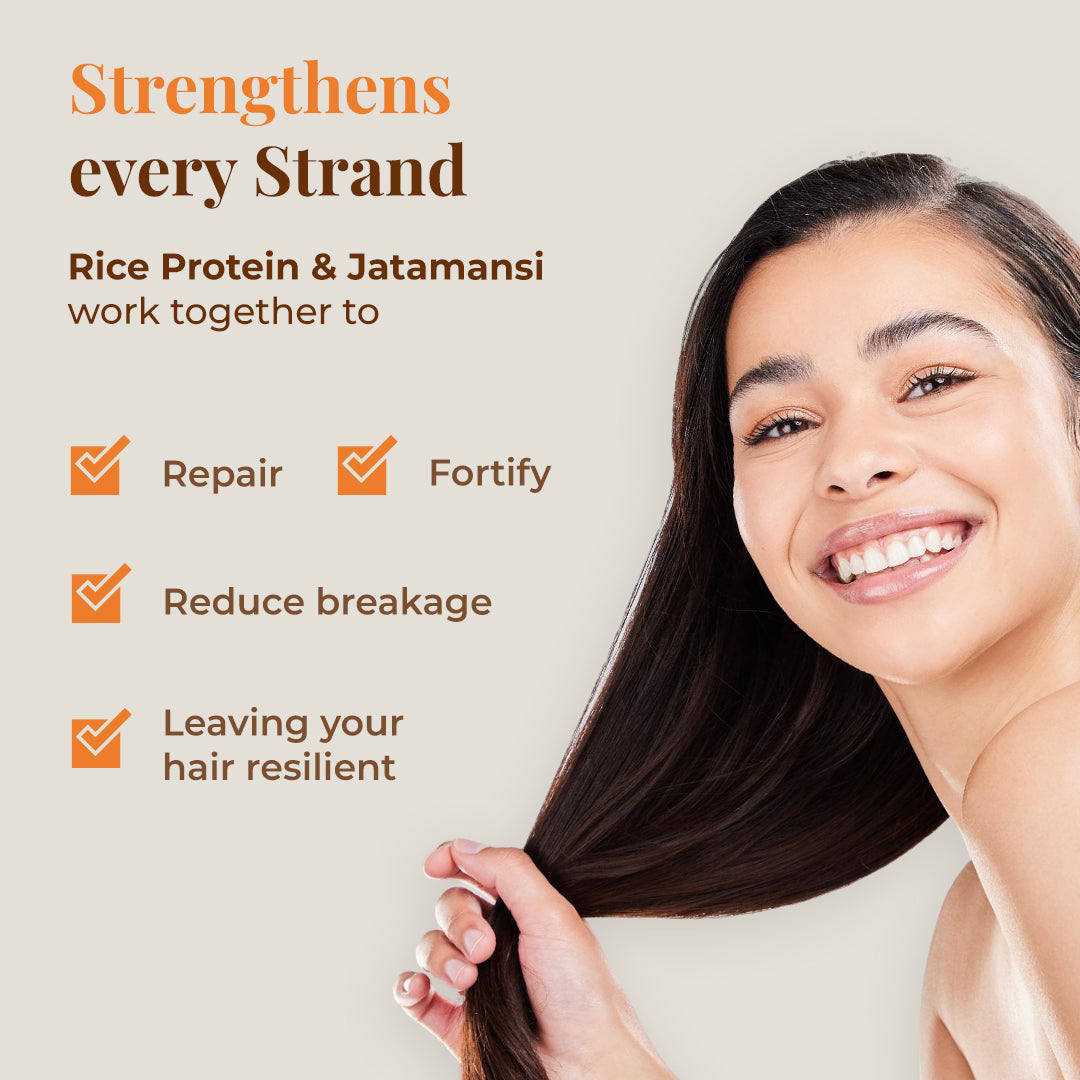 Image featuring a smiling woman with healthy, flowing dark hair holding a section of it. The main headline, "Strengthens every Strand," highlights the core benefit of JiViSa Tarang Lustre Hair , while the subtitle specifies that Rice Protein & Jatamansi work together to achieve these strengthening actions: Repair, Fortify, Reduce breakage, and Leaving your hair resilient.