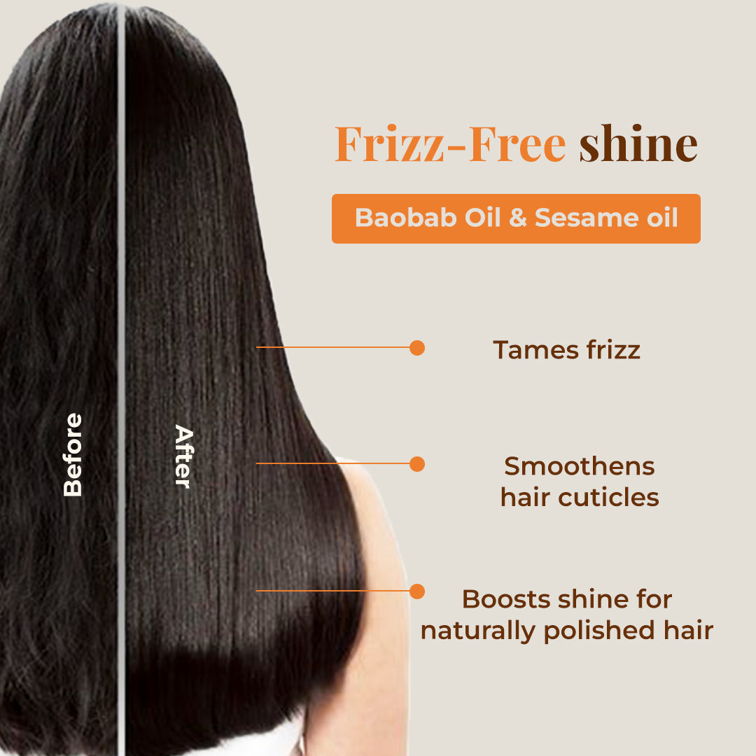 Image is a split-screen comparison showing a “before and after” effect of using the JiViSa Tarang Lustre Hair Conditioner. On the left, the before hair is visibly frizzy and unmanageable, while the after side displays smooth, sleek, and shiny hair. Tagline reads: Frizz-Free shine. Text on the image mentions that the conditioner is formulated with Baobab oil and sesame oil, designed to keep hair Tames frizz, smoothens hair cuticles, and Boosts shine for naturally polished hair.