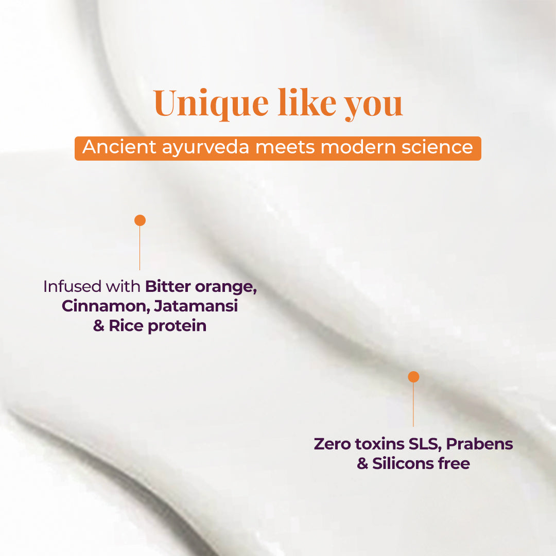 Image highlights the unique formulation of a product, set against a blurred, creamy texture background. The headline, "Unique like you," suggests a personalized or special quality. A key selling point is immediately presented: "Ancient ayurveda meets modern science." The image then details the product&