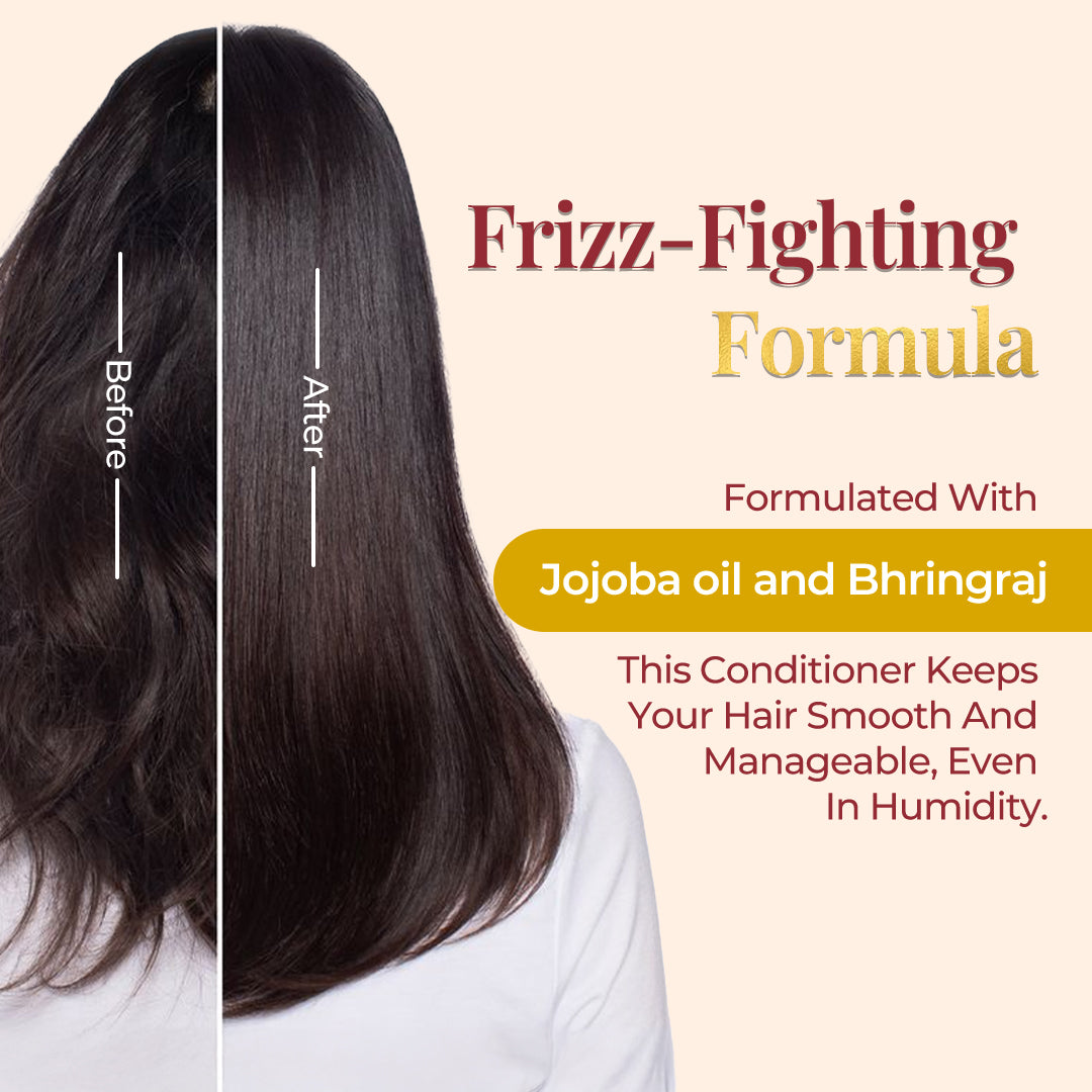 Image is a split-screen comparison showing a “before and after” effect of using the JiViSa Vārta Lustre Hair Conditioner. On the left, the before hair is visibly frizzy and unmanageable, while the after side displays smooth, sleek, and shiny hair. Tagline reads: Frizz-Fighting Formula. Text on the image mentions that the conditioner is formulated with Jojoba oil and Bhringraj, designed to keep hair smooth and manageable even in humid conditions.