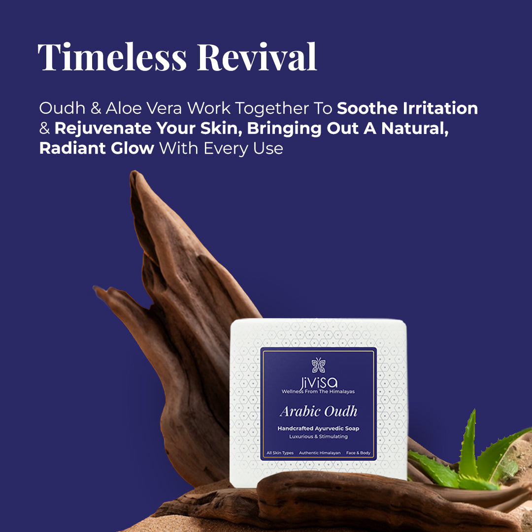 JiViSa Arabic Oudh Ayurvedic soap resting on an Oudh tree along with a Aloe vera leaf. Tagline: Timeless Revival. Text describe Oudh & Aloe Vera Work Together to Soothe Irritation & Rejuvenate Your Skin, Bringing Out a Natural, Radiant Glow with Every Use. Product details: All Skin Types, Authentic Himalayan, Face & Body, Luxurious & Stimulating.