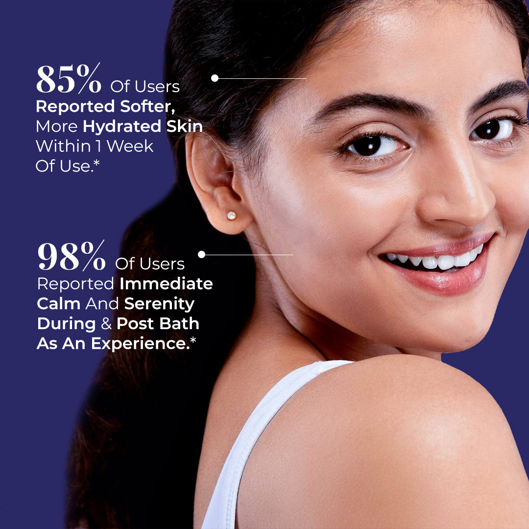 Close-up of a smiling young woman looking over her shoulder, with dark hair cascading down her back. Text overlay shows JiViSa Arabic Oudh Ayurvedic soap effectiveness statistics: 85% Of Users Reported Softer, More Hydrated Skin Within 1 Week of Use and 98% Of Users Reported Immediate Calm and Serenity During & Post Bath as an Experience.
