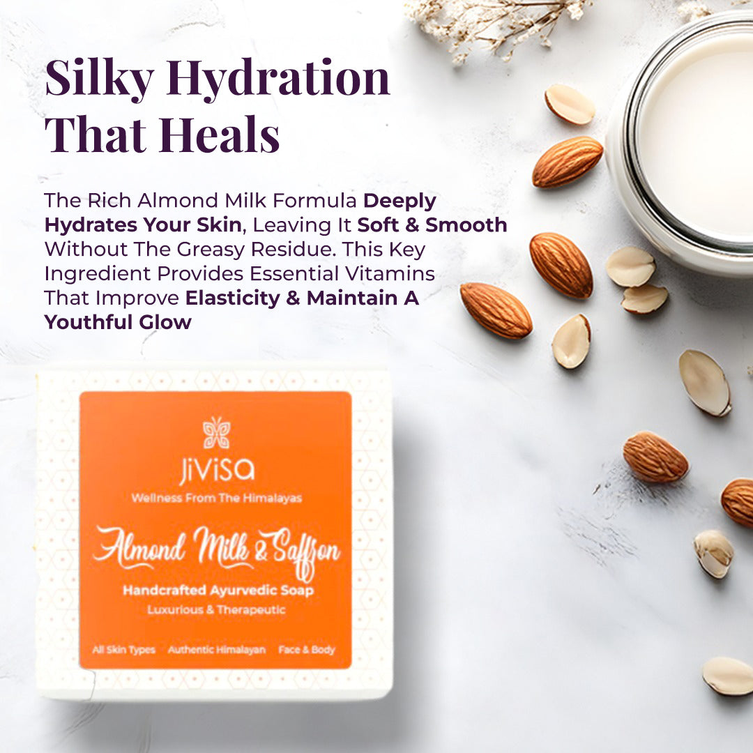 JiViSa Almond Milk & Saffron Handcrafted Ayurvedic Soap is shown in its packaging on the left, while almonds and a glass of milk on the right visually represent the product&