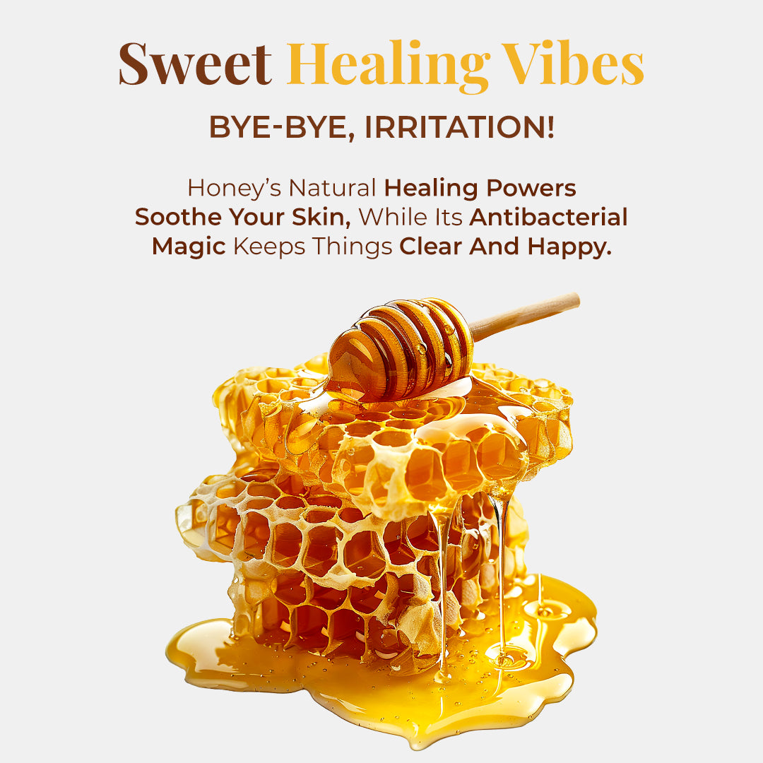 Stacked pieces of golden honeycomb dripping with honey, with a wooden honey dipper resting on top, all on a plain light background. Tagline: Sweet Healing Vibes. Sub-tagline: BYE-BYE, IRRITATION! Text describes Honey’s Natural Healing Powers Soothe Your Skin, While Its Antibacterial Magic Keeps Things Clear and Happy.