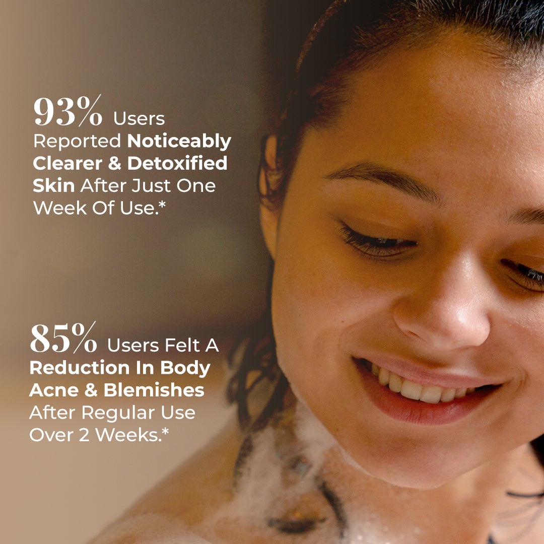 Close-up of a woman with wet hair and a relaxed expression, with foam visible on her shoulder takin a bath. Text overlay shows JiViSa Seven Spice Ayurvedic handcrafted soap effectiveness statistics: 93% Users Reported Noticeably Clearer & Detoxified Skin After Just One Week of Use, and 85% Users Felt a Reduction in Body Acne & Blemishes After Regular Use Over 2 Weeks.