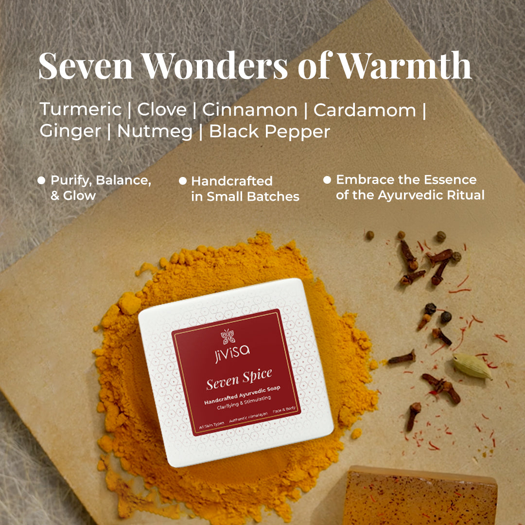 JiViSa Seven Spice Handcrafted Ayurvedic Soap bar placed on a bed of turmeric powder. Surrounding ingredients include whole cloves, Black pepper, cardamom, and saffron strands. Tagline: Seven Wonders of Warmth. Text lists: Turmeric | Clove | Cinnamon | Cardamom | Ginger | Nutmeg | Black Pepper. Benefits listed: Purify, Balance, & Glow, Handcrafted in Small Batches, Embrace the Essence of the Ayurvedic Ritual.