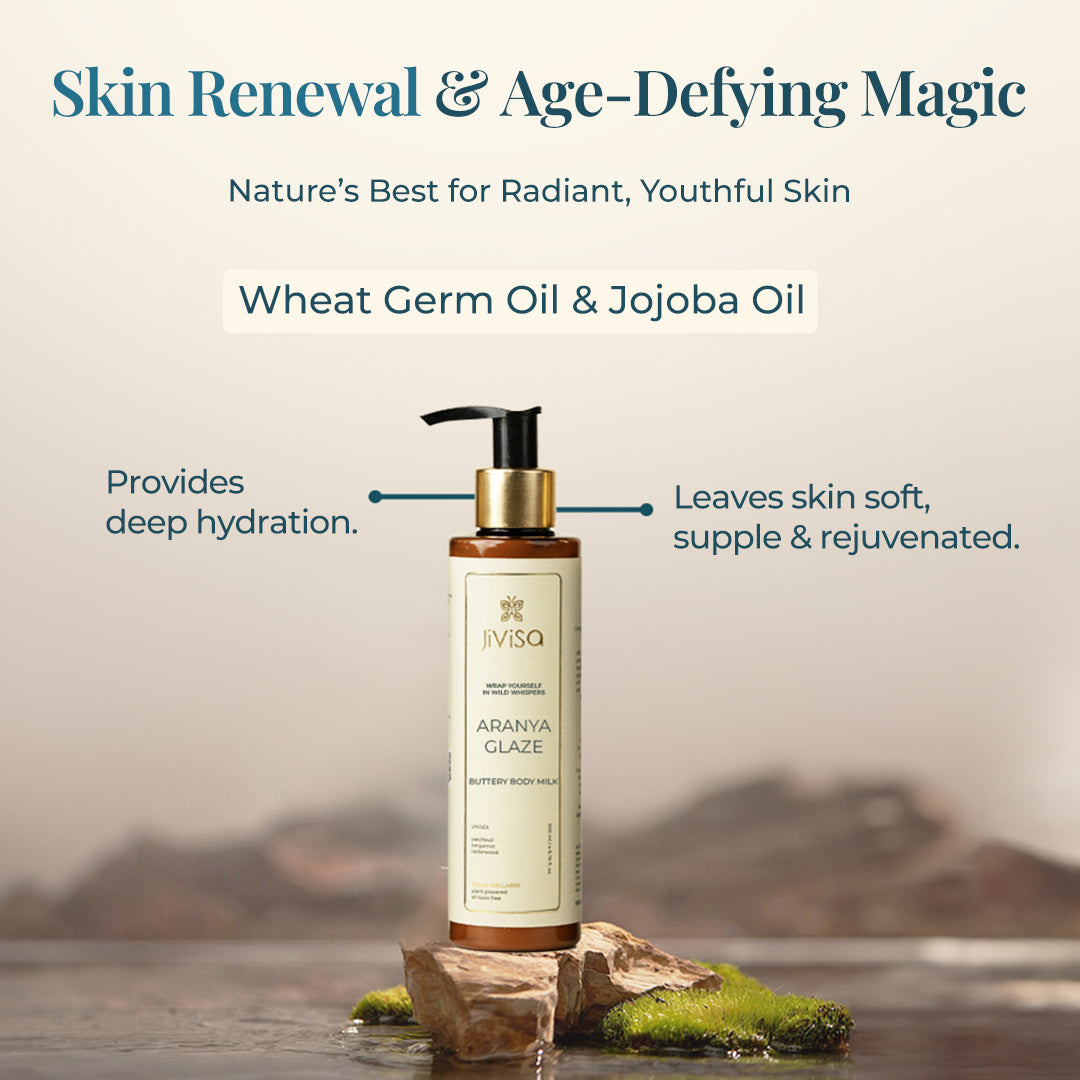 JiViSa Aranya Glaze Buttery Body Milk bottle with a black pump top stands on moss-covered rocks, with a soft, ethereal background. The title reads "Skin Renewal & Age-Defying Magic," with a subtitle &