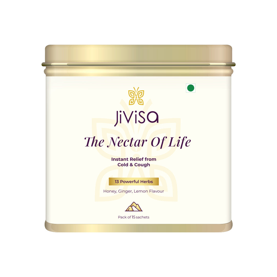 Image features a "JiViSa-The Nectar of Life Instant Immunity Infusion" tin, which states it contains 13 Powerful Herbs Honey, Ginger, Lemon Flavour and is a Pack of 15 sachets.