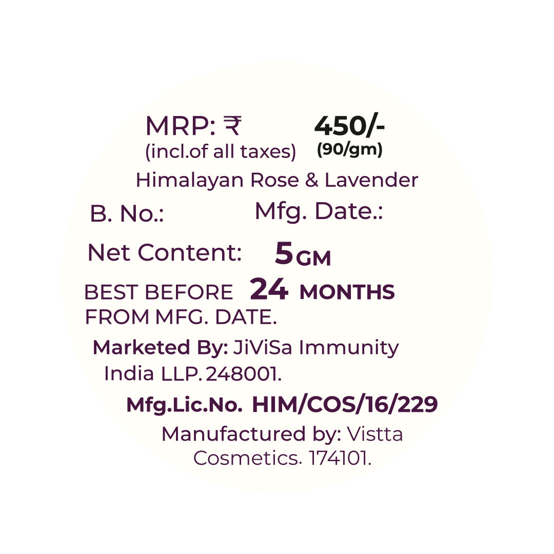 Image showing product details for JiViSa Peptide Lip Pop. MRP - ₹450 (₹90/gm), 5GM net content. Contains Himalayan Rose & Lavender. Best before 24 months from manufacturing date. Marketed by JiViSa Immunity India LLP. Manufactured by Visita Cosmetics 174101. Manufacturing license number: HIM/COS/16/229."