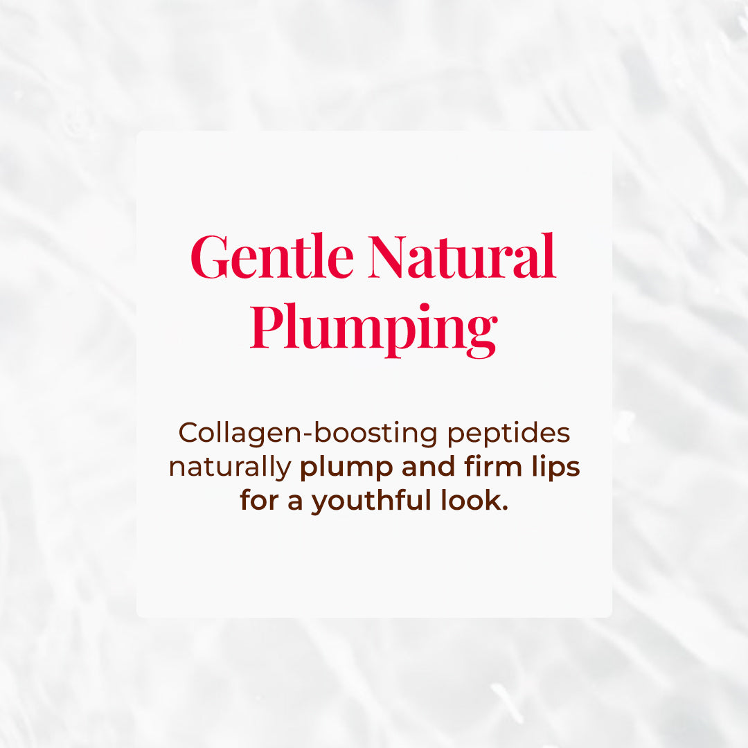 The image highlighting the JiViSa Peptide Lip Pop collagen-boosting peptides naturally plump and firm lips 
for a youthful look. The tagline reads Gentle Natural Plumping.