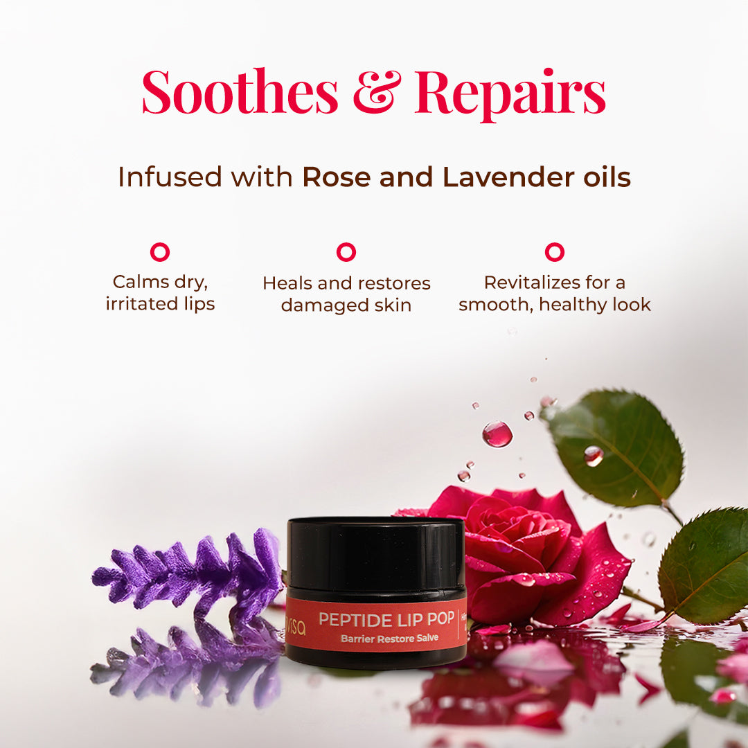 Visual of JiViSa Peptide Lip Pop - Barrier Restore Salve with rose and lavender flowers. Text highlights benefits: Soothes & Repairs, infused with Rose and Lavender oils. Calms dry, irritated lips; heals and restores damaged skin; revitalizes for a smooth, healthy look."