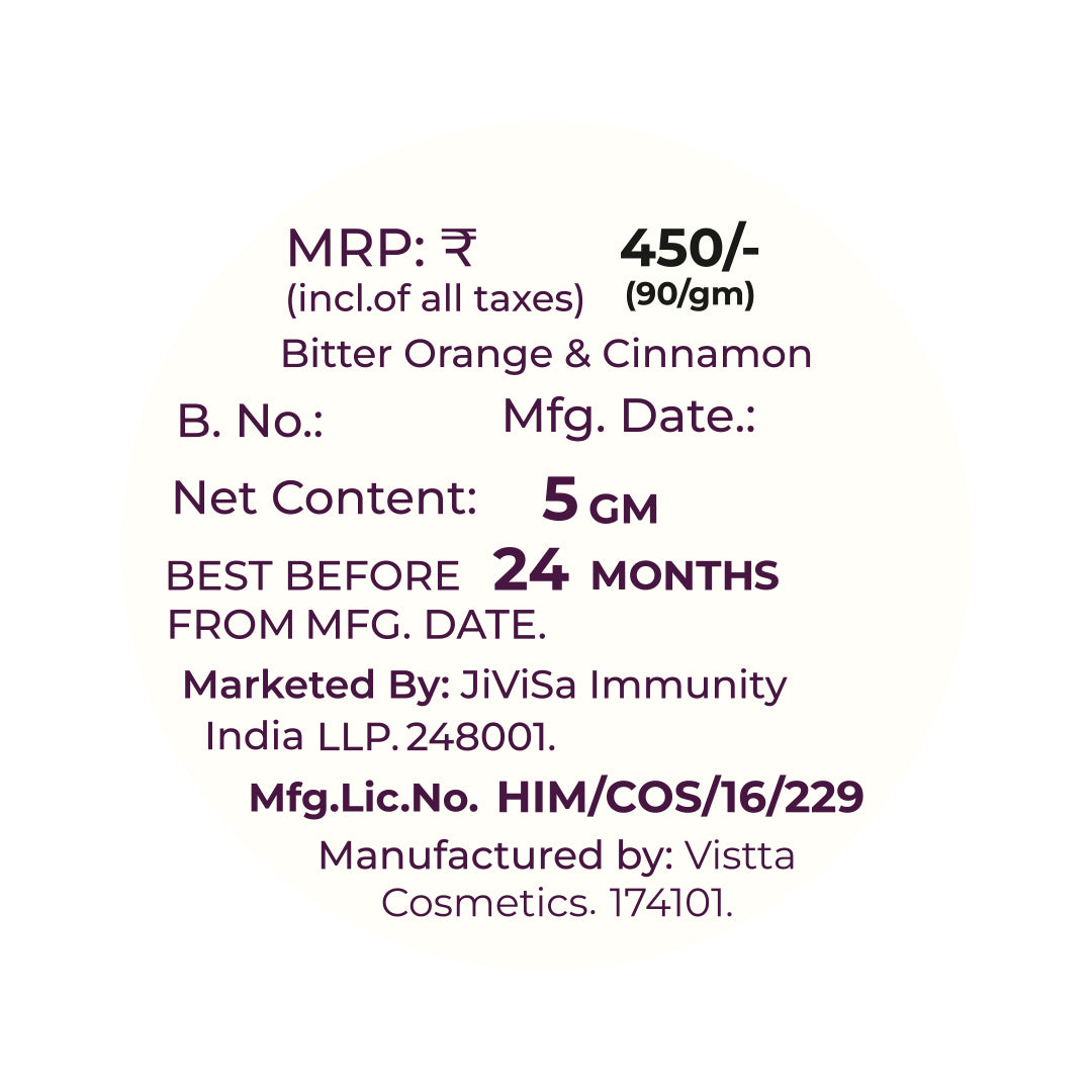 Product packaging label showing price, net content 5 gm, manufacturing details and best before 24 months information.