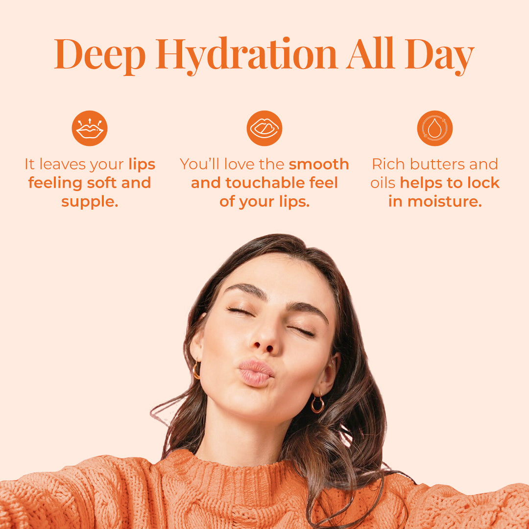 Woman wearing orange sweater puckering lips, informational text describing deep hydration, softness and moisture-locking lip care benefits.