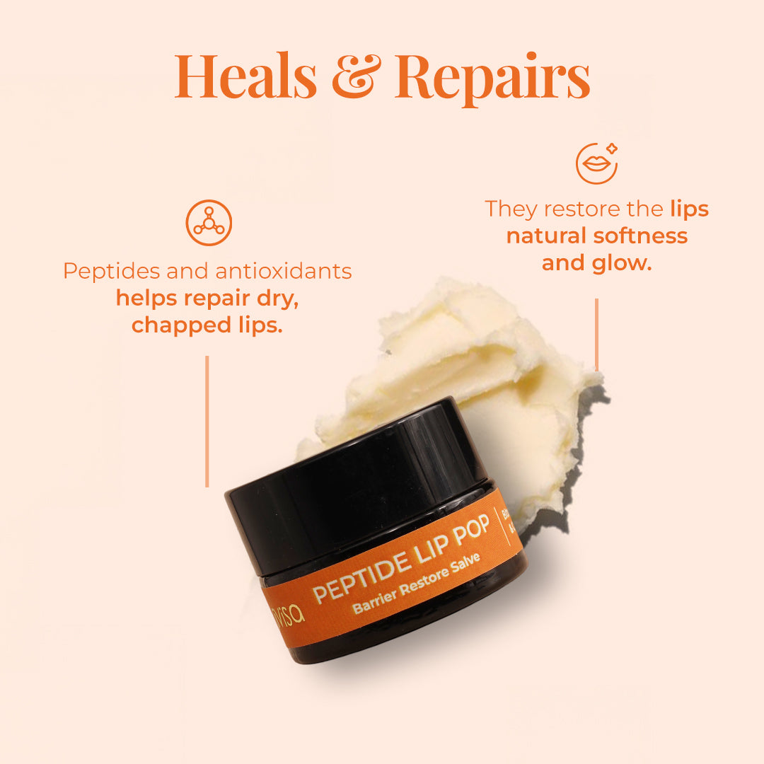Peptide Lip Pop lip balm jar with cream texture behind it, text explaining repair of dry chapped lips and restoration of natural softness and glow.