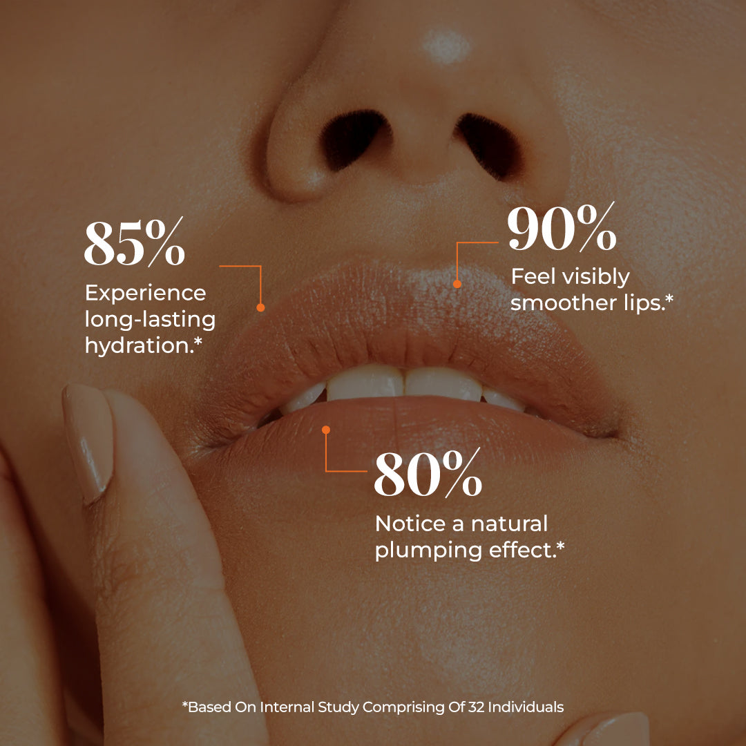 Close-up of a smooth, plumpy and glossy lip, representing the effects of JiViSa Peptide Lip Pop. Text on the image reads: 85% of users Experience long-lasting hydration, 90% of users feel visibly smoother lips, and 80% of users notices a natural plumping effect