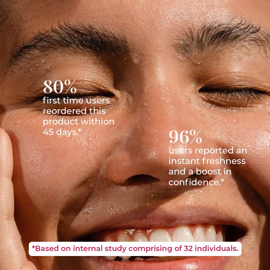 Close-up of a smiling woman with eyes closed showing dewy skin with text about user reorders and instant freshness results.