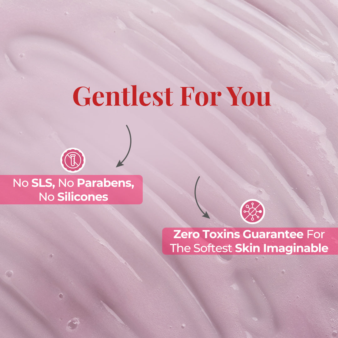 Closeup image of Pinkish JiViSa Mridu Divine Body Cleanser with a tagline "Gentlest For You". The text highlights the benefits of Mridu divine Body Cleanser in a pink box: No SLS, No parabens, No Silicones and Zero Toxins Guarantee for The Softest skin Imaginable.