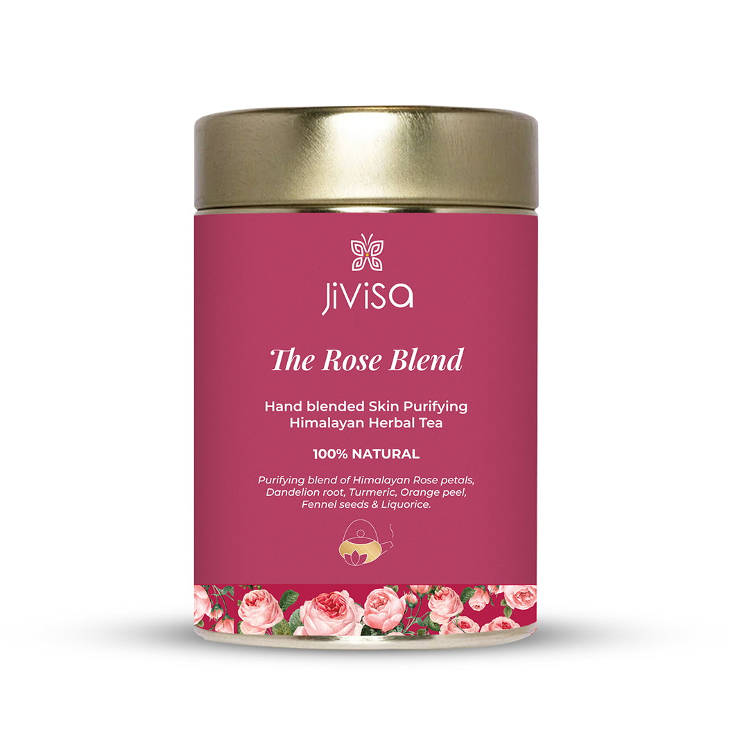Tin container of JiViSa- The Rose Blend Hand blended Skin Purifying Himalayan Herbal Tea