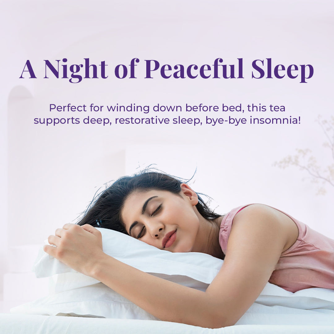 The image featuring a woman peacefully sleeping on white pillow, her expression is serene reinforcing the message of restful sleep. The tagline reads "A Night of Peaceful Sleep" at the top. Below this, the description reads, Perfect for winding down before bed, this tea supports deep, restorative sleep, bye-bye insomnia!