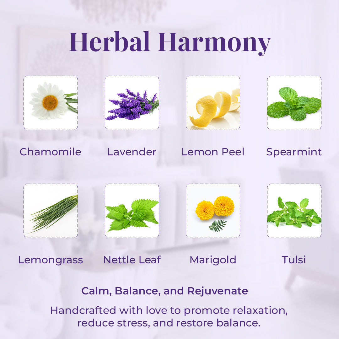 An ingredient showcases for JiViSa-The tranquility Blend with the tagline: "Herbal Harmony." A grid of ingredients with names includes Chamomile, Lavender, Lemon peel, Spearmint, Lemongrass, Nettle leaf, Marigold and Tulsi. At the bottom title reads Clam, balance and Rejuvenate highlights it is Handcrafted with love to promote relaxation, reduce stress and restore balance.