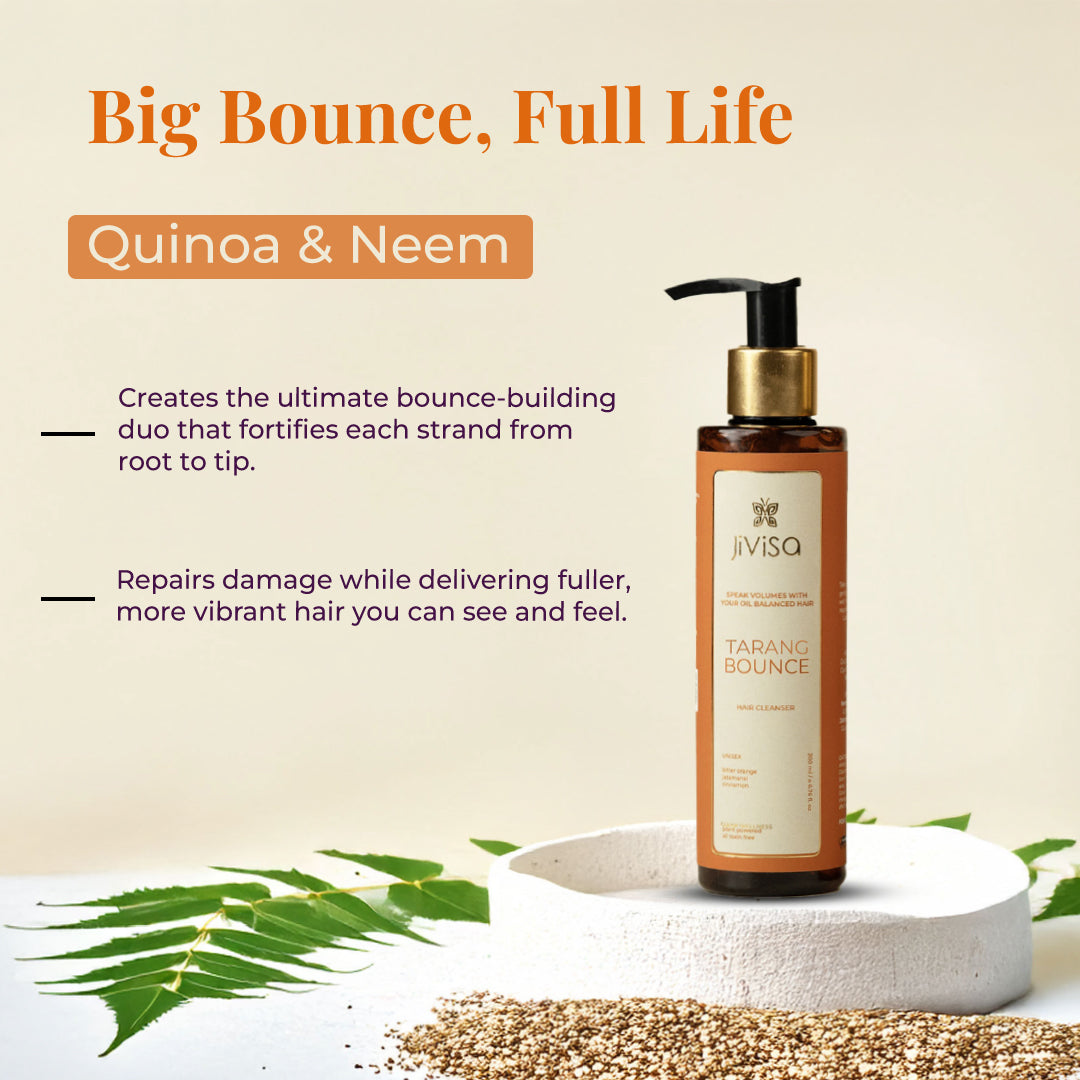 JiViSa Tarang Bounce Hair Cleanser, emphasizing "Big Bounce, Full Life" through the combination of Quinoa & Neem. The text highlights that this duo Creates the ultimate bounce-building duo that fortifies each strand from root to tip and Repairs damage while delivering fuller, more vibrant hair you can see and feel. The product bottle is displayed on a textured white surface with neem leaves and quinoa seeds scattered around it, visually representing the key ingredients.