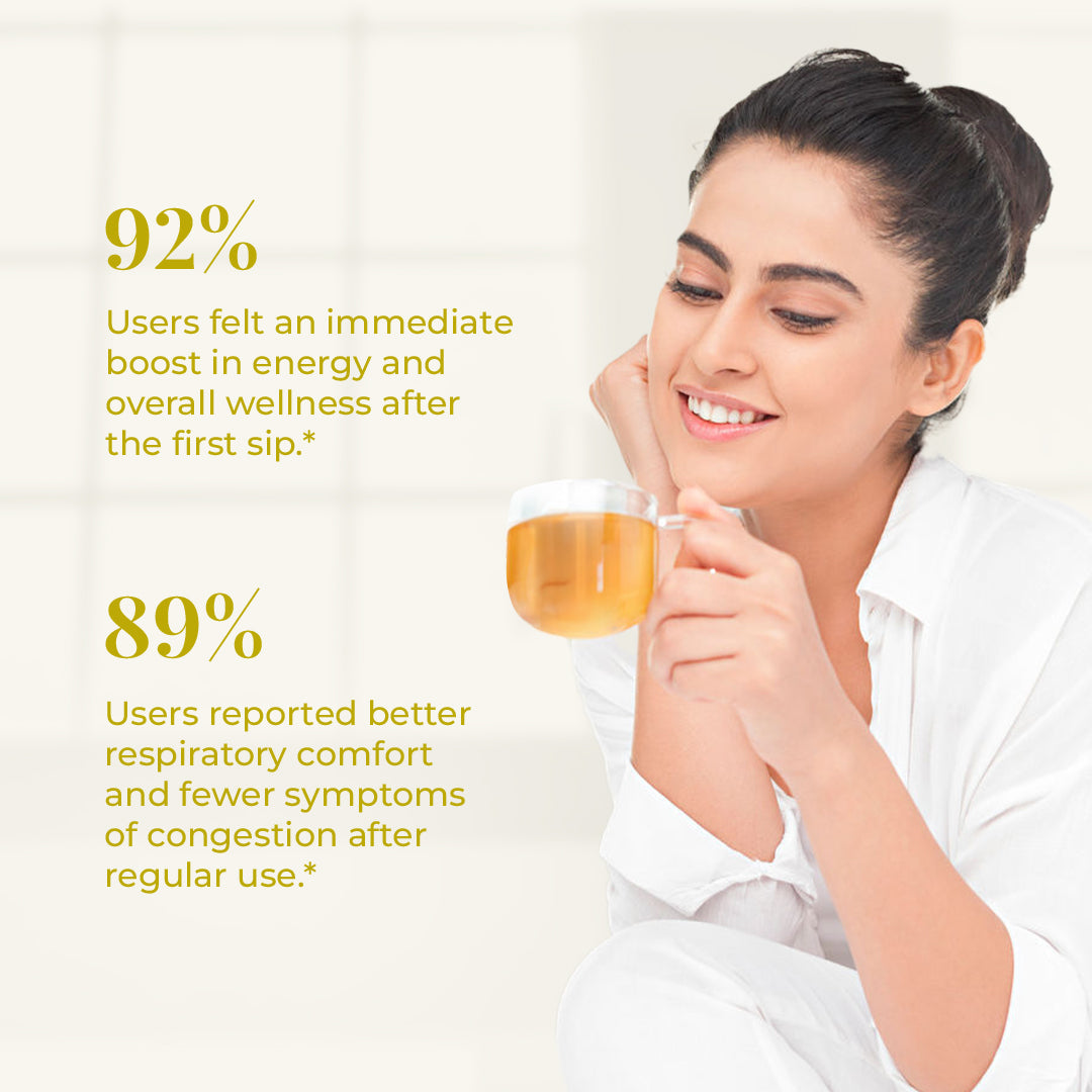 Image shows a woman smiling while holding a glass cup of JiViSa-The Nectar of Life Immunity Infusion. Alongside her are two golden colored statistics: "92% Users felt an immediate boost in energy and overall wellness after the first sip." and "89% Users reported better respiratory comfort and fewer symptoms of congestion after regular use."