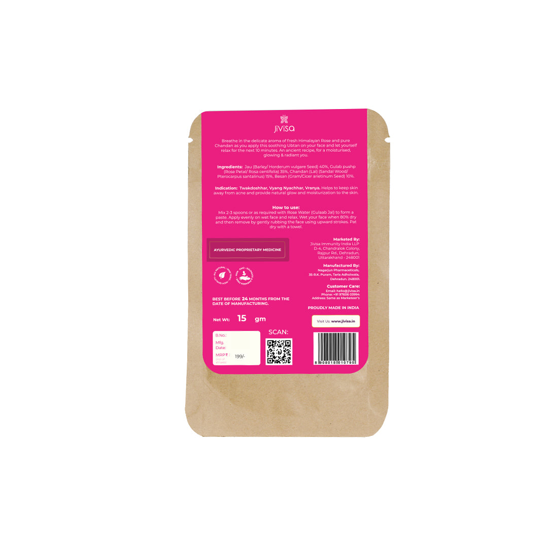 The back image of 15gm JiViSa Gulaab Chandan Facial Ubtan. MRP-199