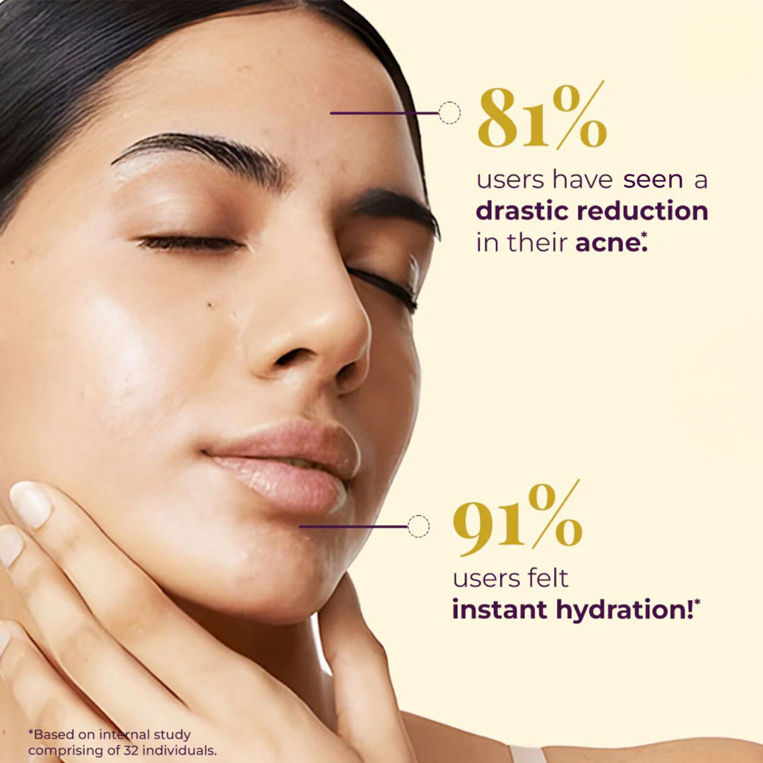 Close-up of womanβs face with text showing acne reduction and instant hydration results.