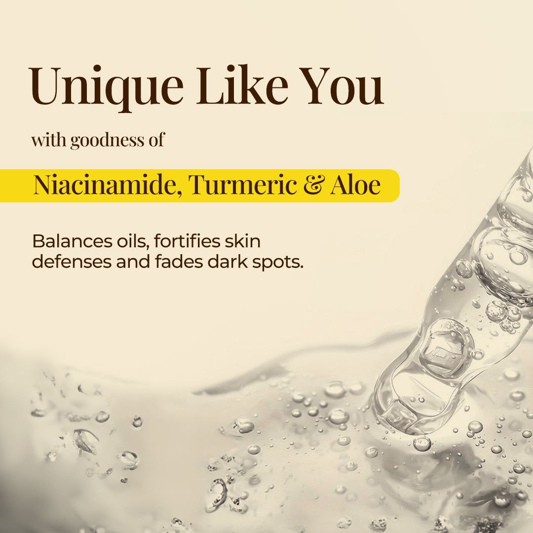 Image focuses on the unique formulation of the JiViSa Haridra Quench Facial Therapy Gel, titled "Unique Like You," emphasizing its personalized benefits. The subtitle highlights the key ingredients: "with goodness of Niacinamide, Turmeric & Aloe." A close-up of a dropper dispensing liquid into a shimmering, watery substance with bubbles visually suggests a lightweight, potent gel. The text describes how these ingredients work together to Balances oils, fortifies skin defenses and fades dark spots.