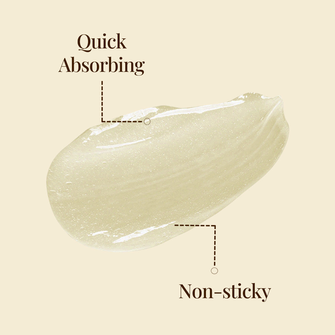 Image visually represents the texture and application benefits of the JiViSa Haridra Quench Facial Therapy Gel. Two distinct labels point to key attributes: Quick Absorbing and Non-sticky, appealing to users who prefer lightweight and residue-free formulas.