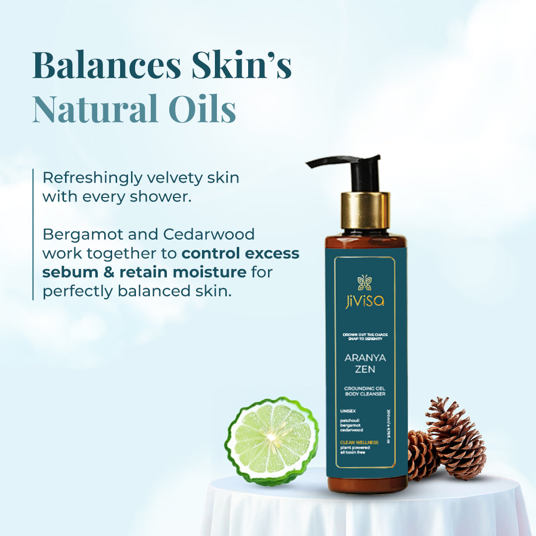 JiViSa Aranya Zen body cleanser with bergamot and cedarwood describing oil balance benefits