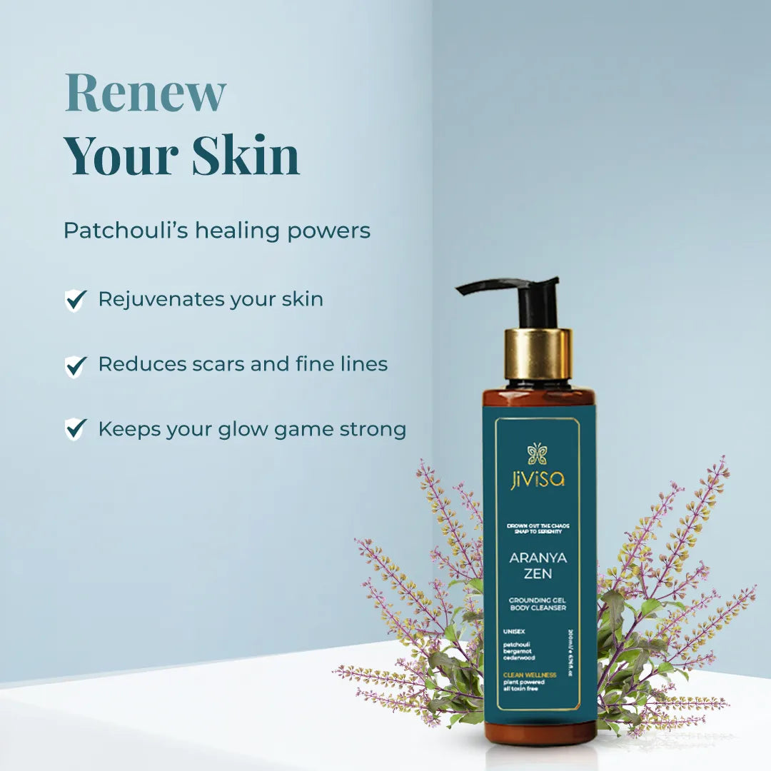 JiViSa Aranya Zen body cleanser with patchouli highlighting skin renewal features