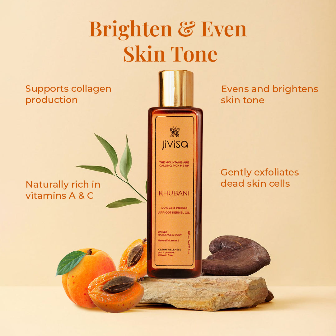 JiViSa Khubani Apricot Kernel Oil bottle with apricots and text about brightening and evening skin tone.