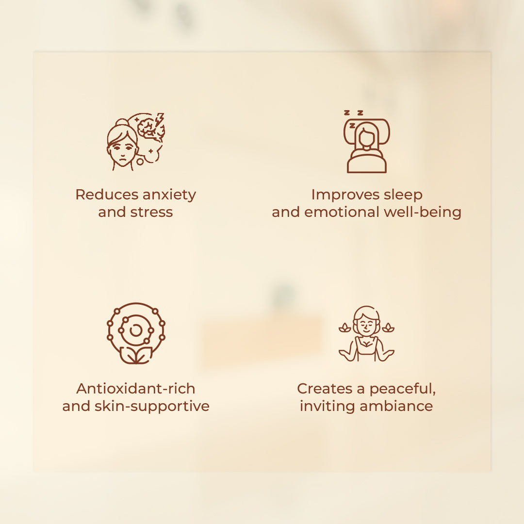 A clean beige background featuring four icon illustrations with wellness benefits of the JiViSa Cozy Vanilla soy wax candle. The text reads: "Reduces anxiety and stress," "Improves sleep and emotional well-being," "Antioxidant-rich and skin-supportive," and "Creates a peaceful, inviting ambiance."