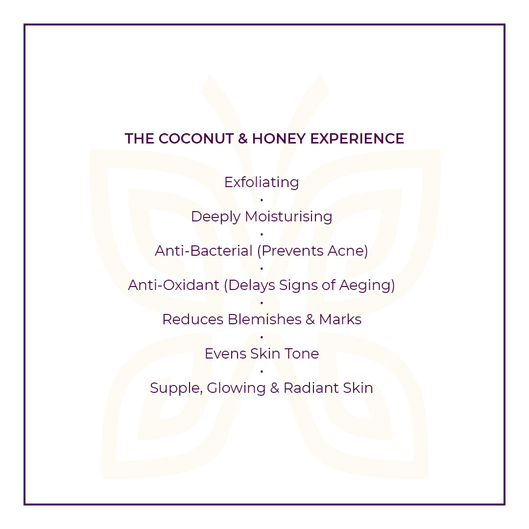 Text on a white background within a purple border describe JiViSa Coconut & Honey Ayurvedic Soap Benefits. Headline: THE COCONUT & HONEY EXPERIENCE. Listed benefits: Exfoliating | Anti-Bacterial (Prevents Acne) | Deeply Moisturising | Antioxidant (Delays signs of ageing) | Reduces Blemishes & Marks | Evens Skin Tone | Supple, Glowing & Radiant Skin.