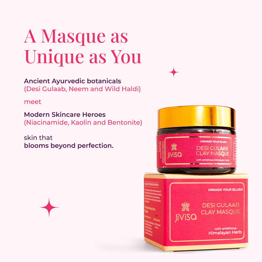 Image showcasing a jar & a box of JiViSa- Desi Gulaab Clay Masque. The tagline at the top reads "A Masque as Unique as You" in an elegant. Below this, text describes the product&