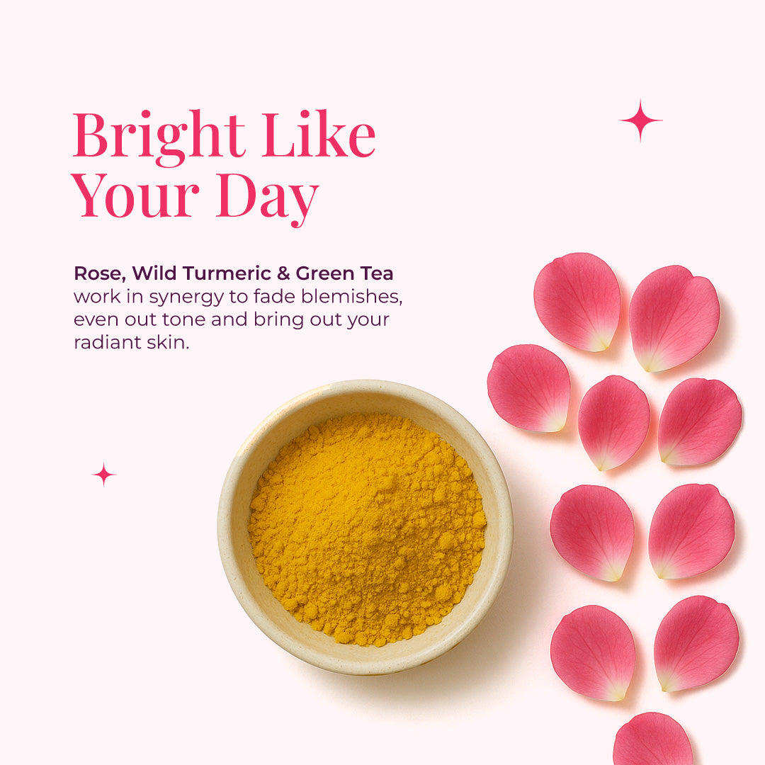 Tagline reads "Bright Like Your Day" below it, descriptive text explains the benefits of the featured ingredients: Rose, Wild Turmeric & Green Tea work in synergy to fade blemishes, even out tone and bring out your radiant skin. Image includes a small, white bowl filled with turmeric Powder and the pink rose petals emphasizes the skin-brightening qualities of the JiViSa- Desi Gulaab Clay Masque.