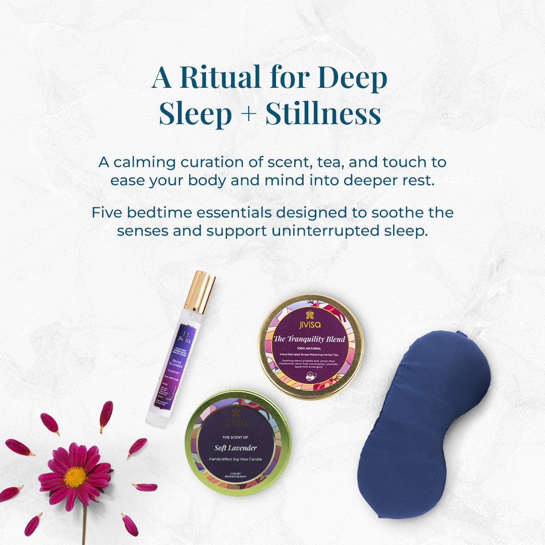 JiViSa Dreamscape Gift Set – A Ritual for Deep Sleep + Stillness describe it as a calming curation of scent, tea, and touch to ease your body and mind into deeper rest, also the five bedtime essentials designed to soothe the senses and support uninterrupted sleep. Image features JiViSa Raina Slumber Pillow Mist, JiViSa Tranquility Blend Herbal tea, JiViSa Soft Lavender soy wax candle, and soft sleep mask, a daisy flower and petals add a natural, calming touch.