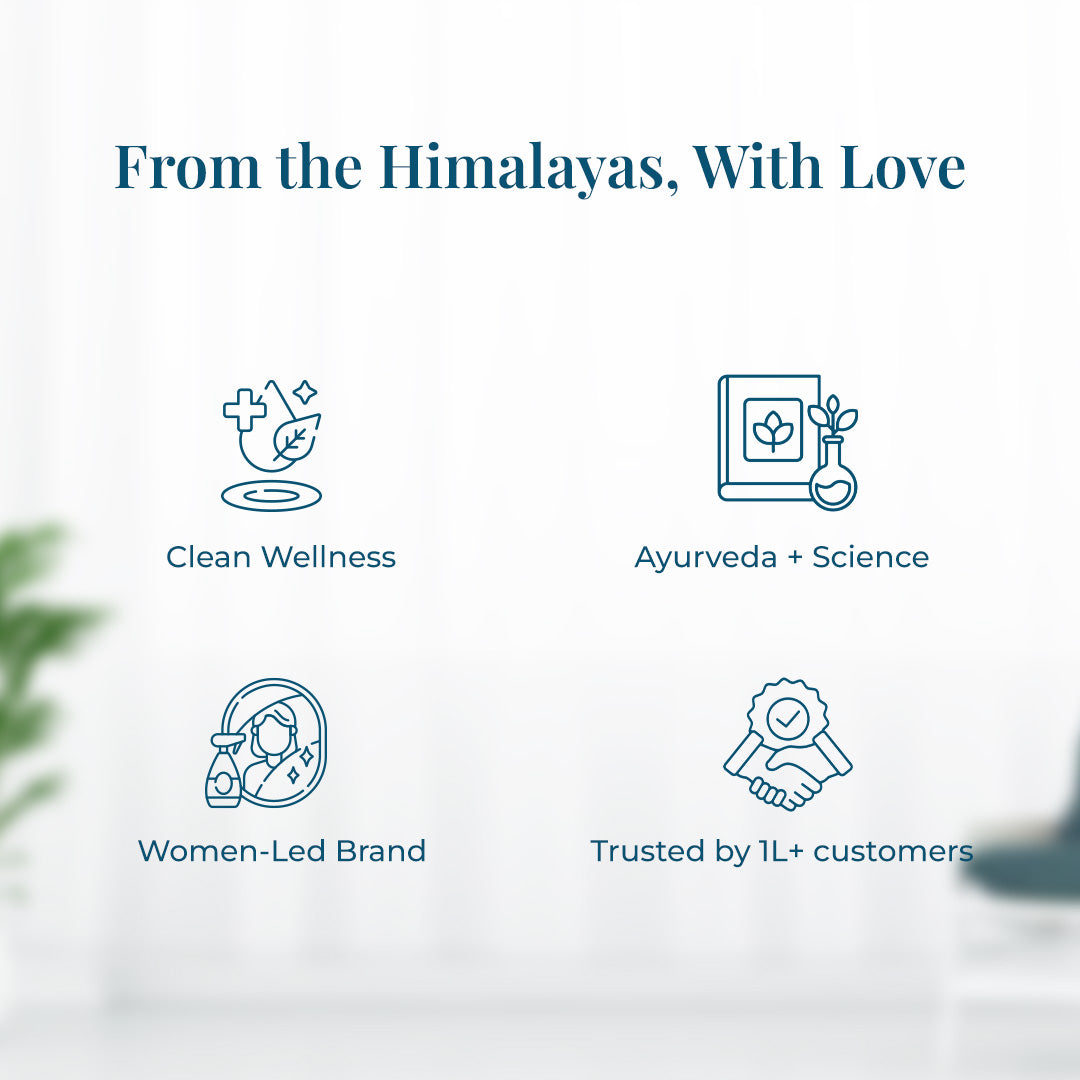 Graphic with icons and text about JiViSa values of Dreamscape Relaxation Aroma Gift Set: Clean Wellness, Ayurveda + Science, Women-Led Brand, and Trusted by over 1 lakh customers – presented under the heading “From the Himalayas, With Love.”