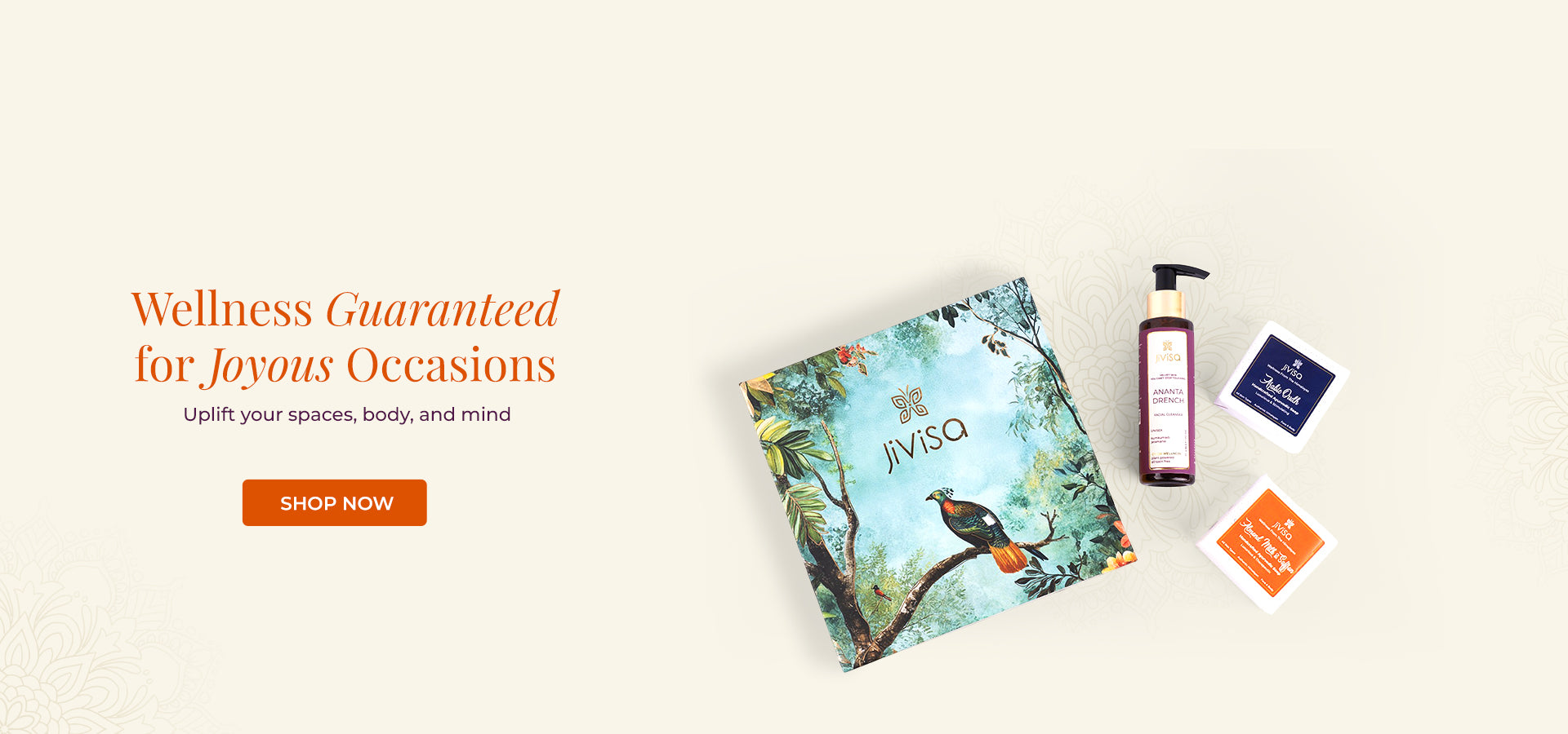 A wellness-themed festive gift set featuring a beautifully illustrated JiViSa box with a bird and forest artwork, placed alongside a bottle of Ananta Drench Facial Cleanser and two handmade soap bars on a light background. The title on the image reads ‘Wellness Guaranteed for Joyous Occasions’ with supporting text ‘Uplift your spaces, body, and mind’ and a ‘Shop Now’ button.