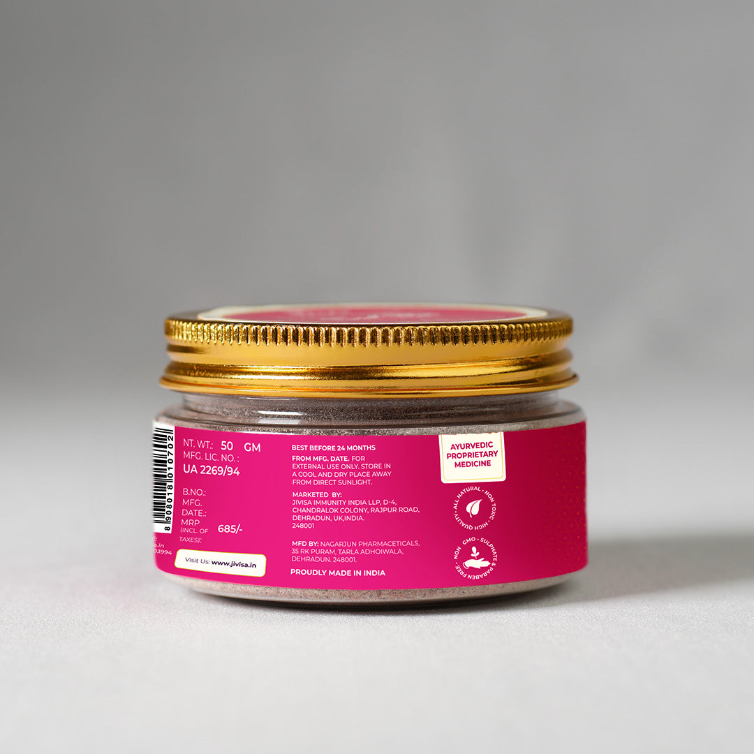 The back image of 50gm JiViSa Gulaab Chandan Facial Ubtan. MRP-685