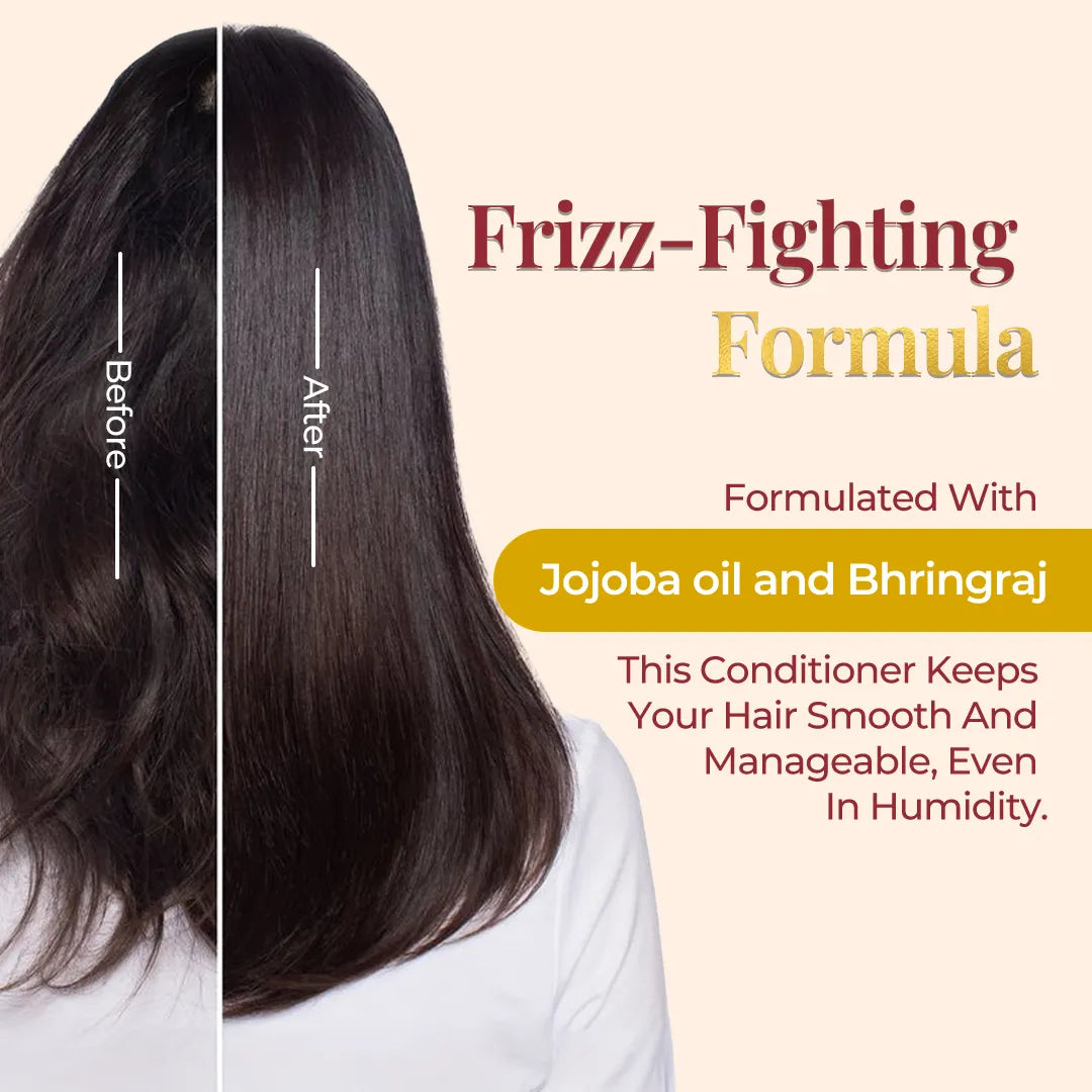 Before and after hair comparison showing smoother, frizz-free hair after using conditioner with jojoba oil and bhringraj.